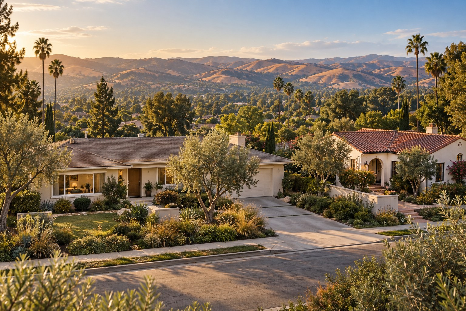 Illustration of welcoming homes, mature trees, and sunlit hills inspired by the San Fernando Valley