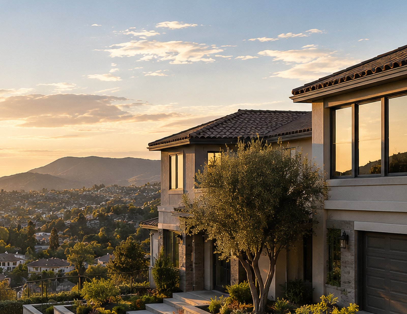 Woodland Hills and West San Fernando Valley hillside homes at sunset